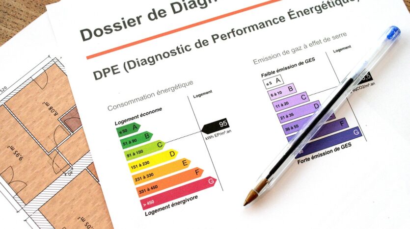 Schéma de DPE montrant les classes énergétiques, mise en avant de la classe E obligatoire pour la vente en 2025